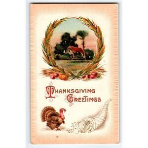 Vintage 1912 Thanksgiving Greetings Embossed Postcard with Turkey & Cornucopia